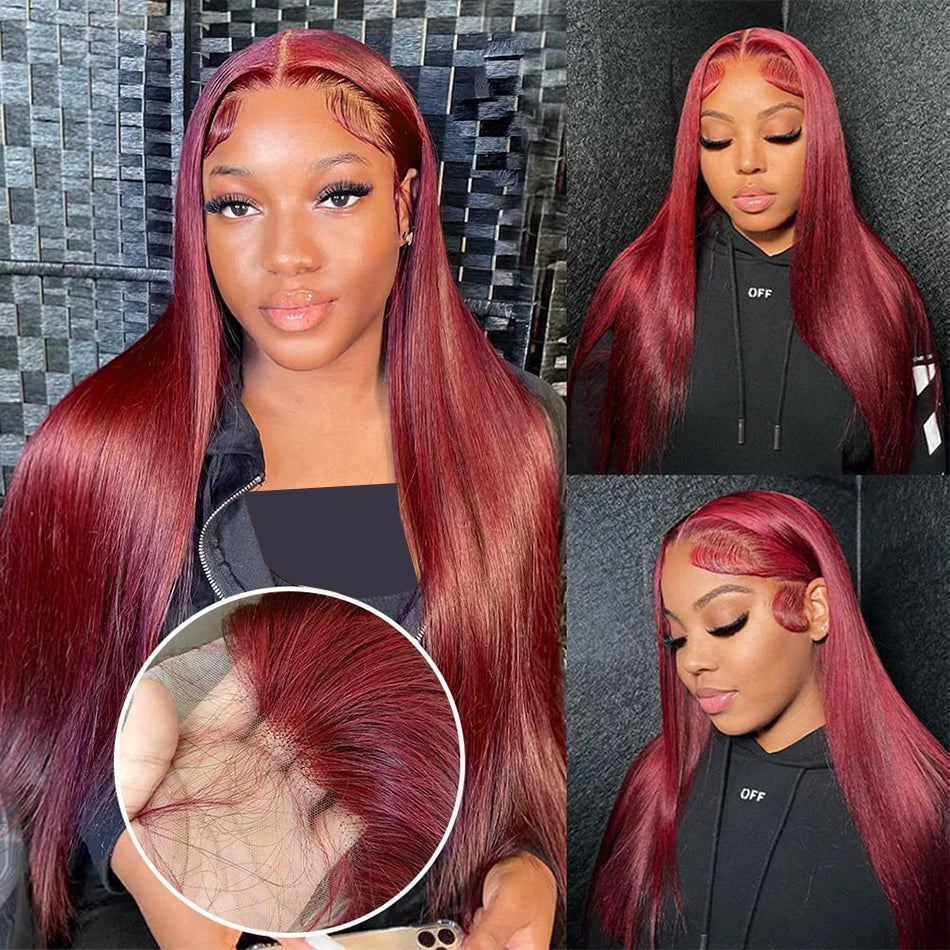 250 Density 99J Burgundy 13x6 Lace Frontal Human Hair Wigs Brazilian Colored 30 40 Inch Straight Red Lace Front Wigs Human Hair