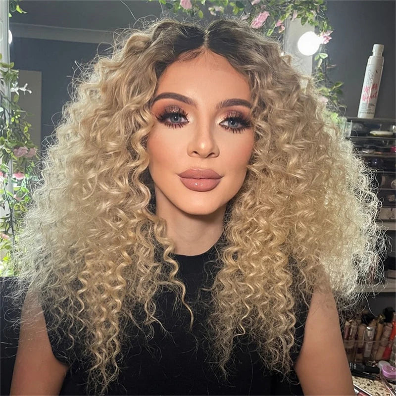 Deep Curly Honey Blonde Wig Short Dark Roots Synthetic Lace Front Wig For Women Daily Use Baby Hair Glueless Wig