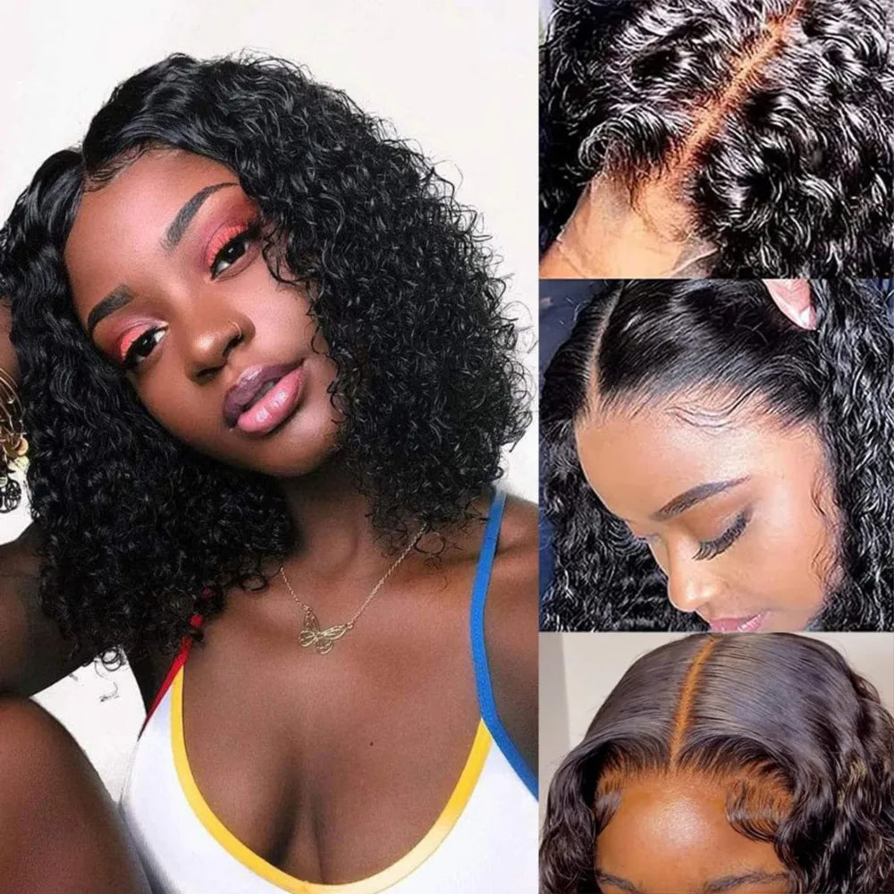 Deep Curly Short Bob Wig 100% Human Hair 13x4 Lace Front Wig Natural Black Deep Wave Pre Plucked Closure Wig 4x4 220% Density