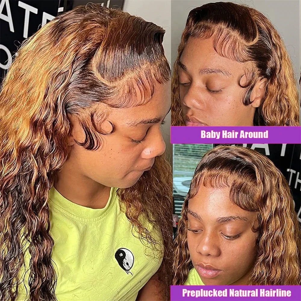 4/27 32 Inch Highlight Honey Brown Curly Lace Front Human Hair Wigs 13x6 Ombre Colored Deep Wave Lace Frontal Wigs Women ﻿