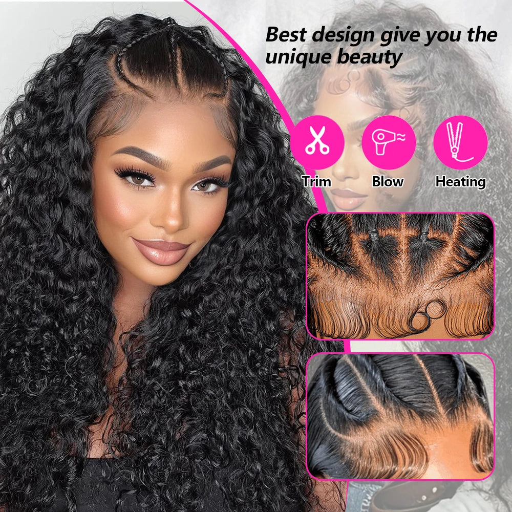 Deep Wave Pre Braided Wigs 13x4 HD Lace Frontal Black Human Hair Curly Wigs boho braids Water Wave Brazilian human hair Wigs