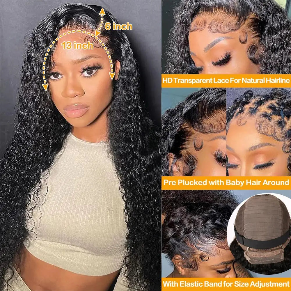 Deep Wave Lace Front Wigs Human Hair 13x6 HD Transparent Lace Frontal Curly Wigs For Women 180% Density with Baby Hair Natural