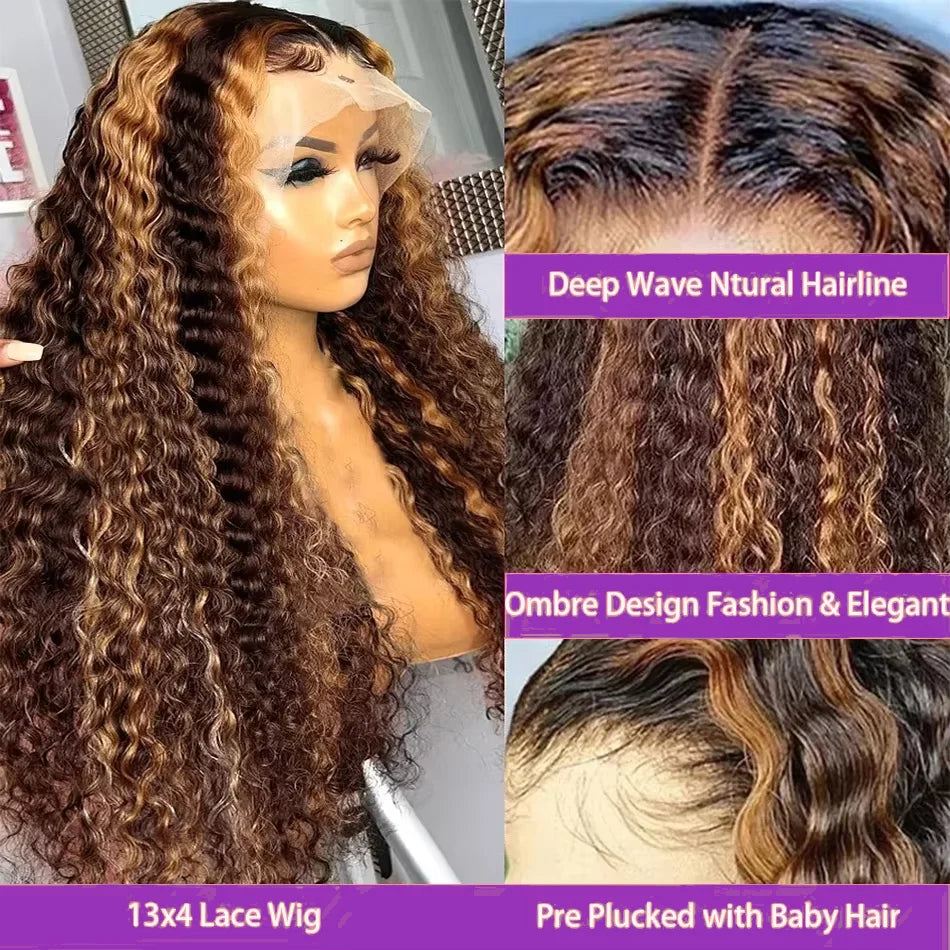 4/ 27 Highlight Honey Brown Curly Transparent HD 13x4 Lace Frontal Real Human Hair Wigs Ombre Color Deep Water Wave Full Wigs