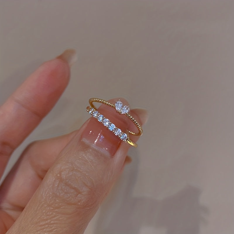 Women's Luxury Elegant Design Adjustable Heart Rhinestone Stackable Ring Set, Perfect For Daily Gatherings, Music Festivals & Banquets, Ideal Gift For Friends