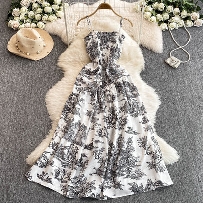 Womens Retro Chiffon Printed Backless Slip Dress
